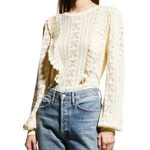 LoveShackFancy Ancora Ruffle Pointelle Knit Sweater in cream size Large NWT
